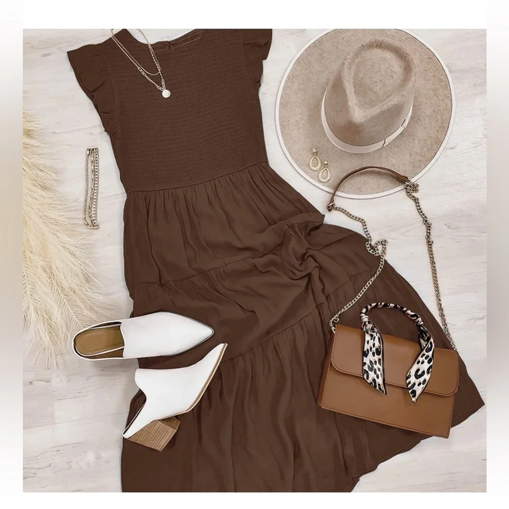 NWTCasual Flutter Short Sleeve Crew Neck Smocked Elastic Waist Tiered Midi Dress - Picture 5 of 6